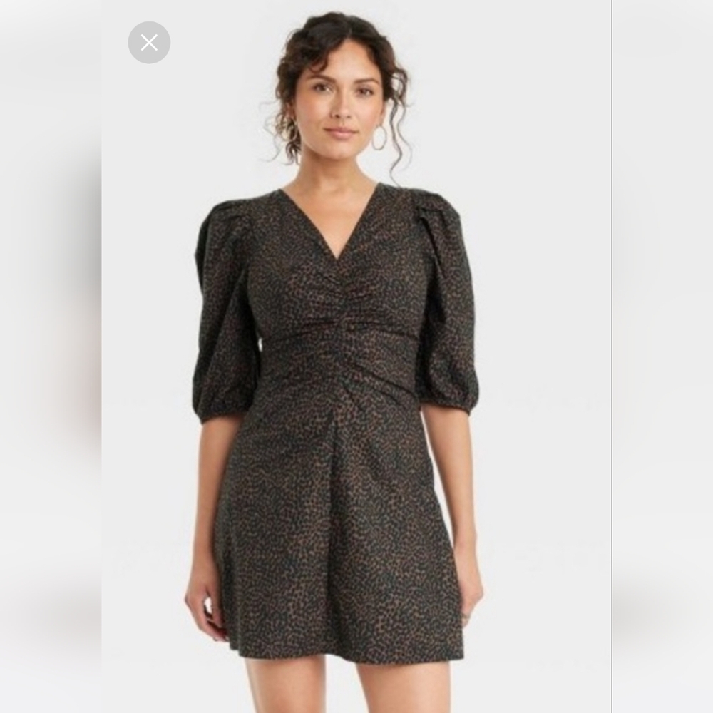 New UNIVERSAL THREAD cheetah Print Ruched Puff Sleeve Dress Sz. 6 Or Sz. Medium